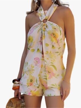 Floral Halter Romper with Ring Detail - Pastel Yellow & Pink